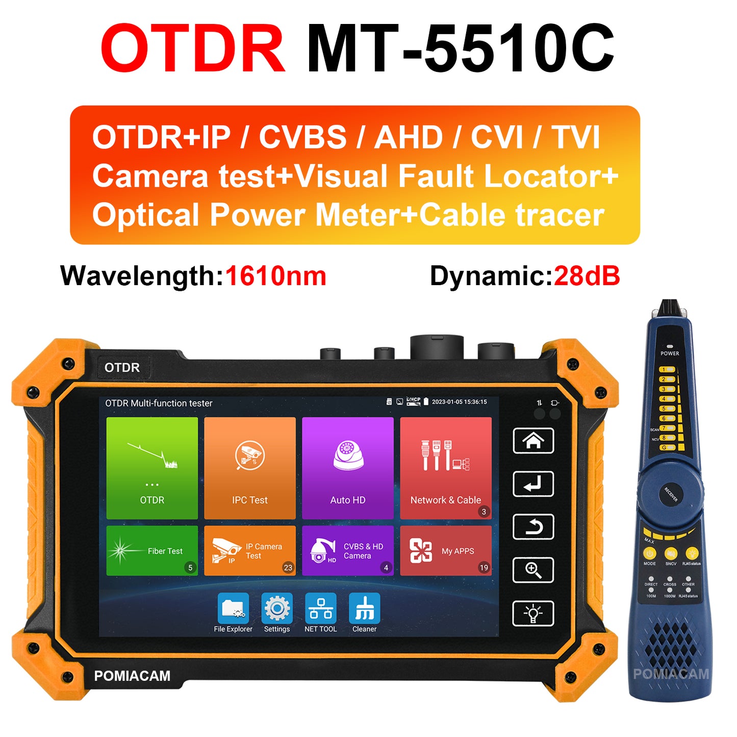 MT-5510C OTDR Test 1310/1550/1610nm optional 5.4"IPS IP/CVBS/AHD/TVI/CVI Camera CCTV tester Built-in Visual Fault Locator & Optical Power Meter with Cable Tracer