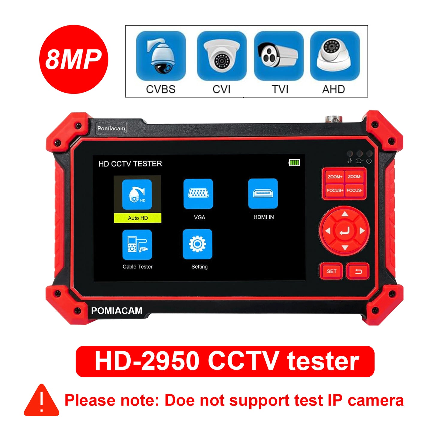 HD-2950 CCTV Camera Tester 8MP TVI CVI AHD CVBS Analog Camera Tester 5inch HDMI&VGA in PTZ Control Audio Test 12V Power Output
