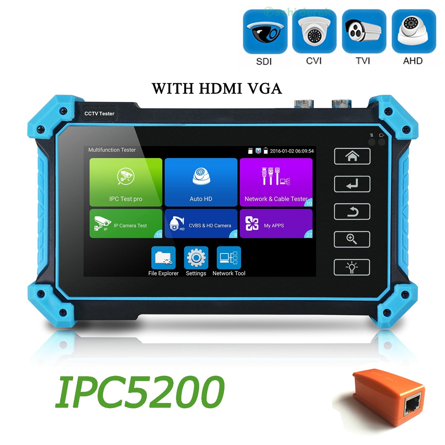 Probador de cámara IP IPC-5200C Plus Pantalla táctil IPS de 5 pulgadas H.265 4K 8MP AHD CVI TVI SDI CVBS cámara IP HDMI VGA soporte de entrada POE