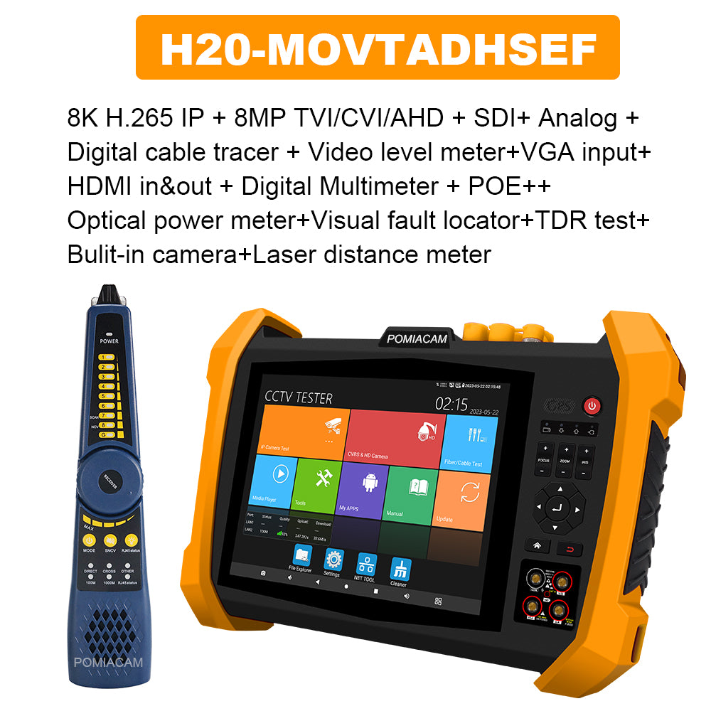 H20 Series 8 Inch All-in-One IP Camera Tester, 8K H.265 HDMI VGA SFP POE++ CCTV Tester 8MP CVI/ TVI/ AHD SDI Camera Test