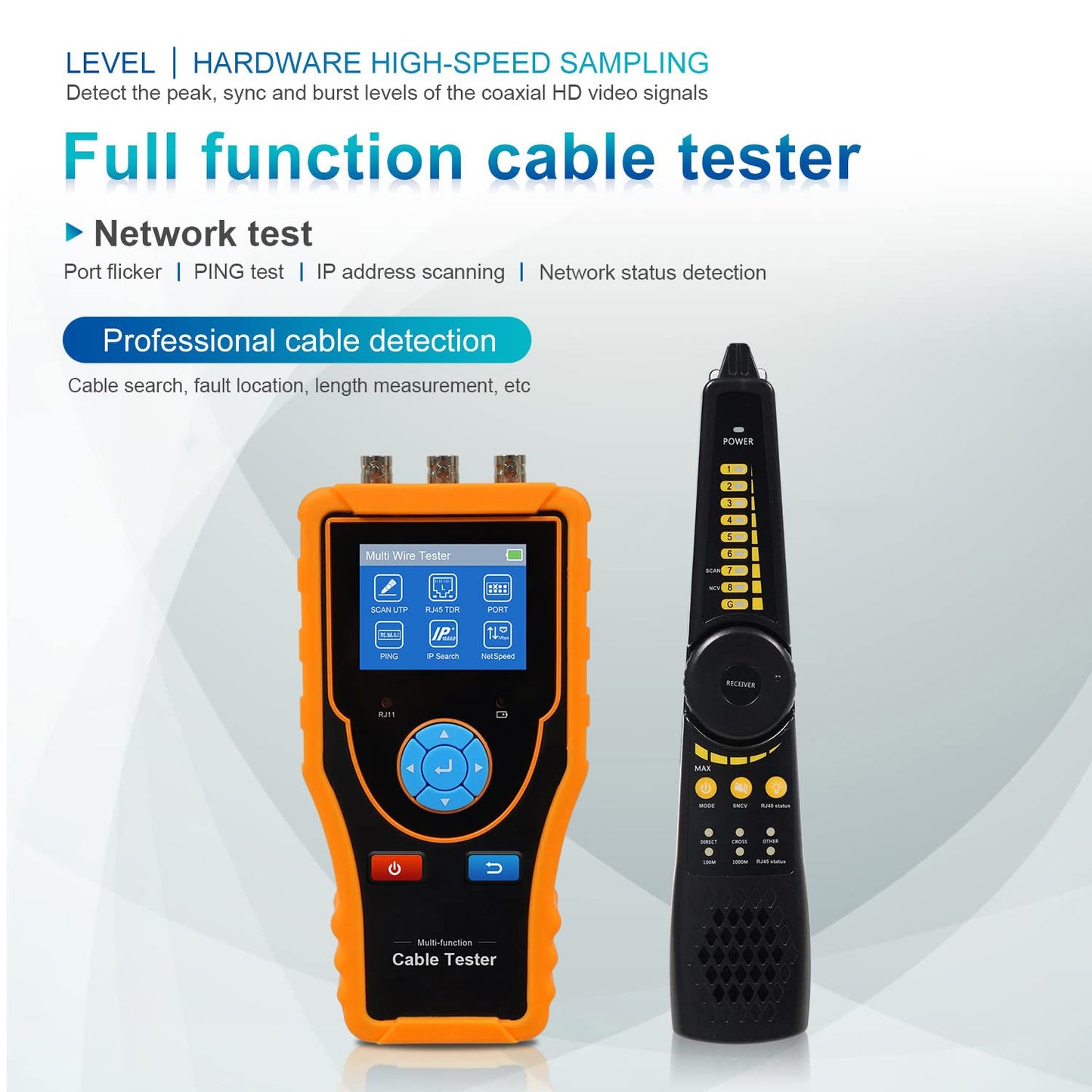 Network Cable Tester, RJ45 Cable TDR Tester Wire Tracker PoE Voltage Test Video Level Meter Test TDR Cable Tester for Cat6e Cat5e BNC Cable Telephone Line Open Short Length