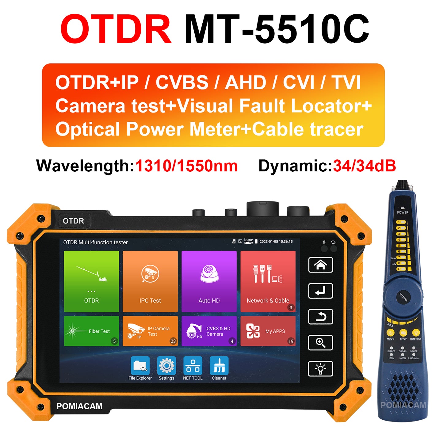 MT-5510C OTDR Test 1310/1550/1610nm optional 5.4"IPS IP/CVBS/AHD/TVI/CVI Camera CCTV tester Built-in Visual Fault Locator & Optical Power Meter with Cable Tracer