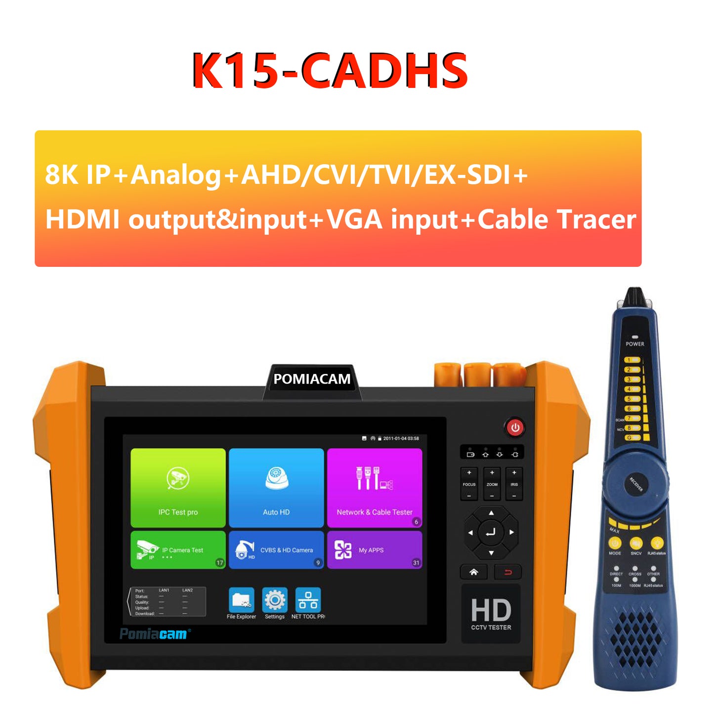 K15 CCTV Tester 8K H.265 IP Camera Test Multi-function 8MP CVI TVI AHD SDI UTP Cable Test and RJ45 Cable TDR Test