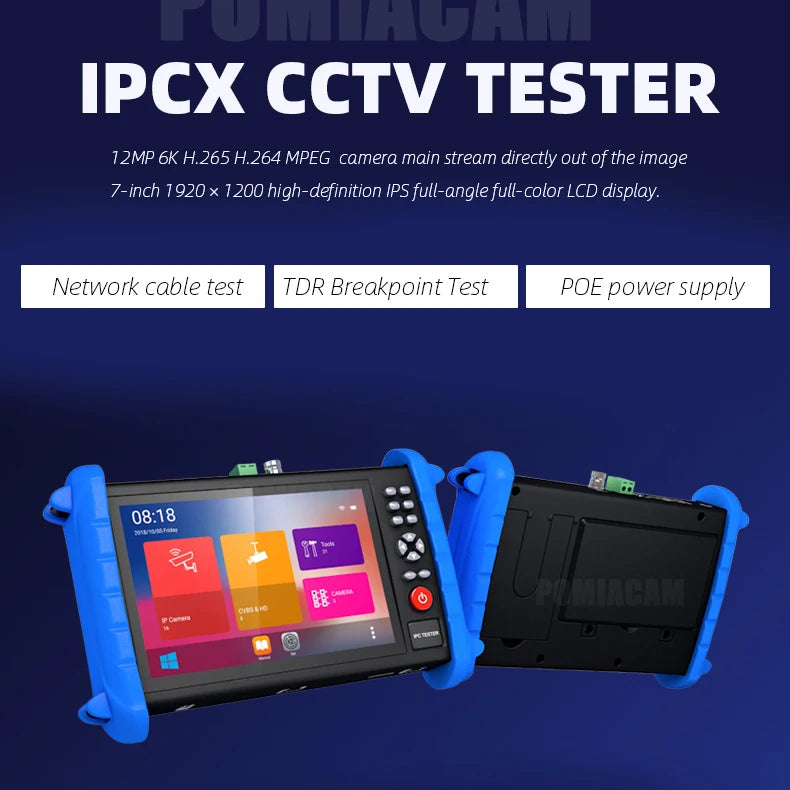 IPCX-ACT CCTV Tester H.265 4K 8MP IPC/ TVI /CVI /AHD /CVBS 7 Inch Touch Screen ALL-In-One Multi-Functional IPC Tester Support