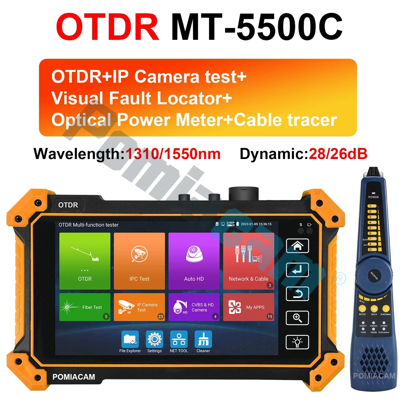 MT-5500C OTDR Test 1310/1550/1610nm optional 28/26dB optional 5.4"IPS IP Camera Built-in Visual Fault Locator & Optical Power Meter with Cable Tracer
