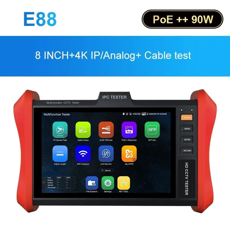 8 Inch IP Camera CCTV Tester  E88/E89  POE++ 90W SFP 4K IP H.265 RJ45 Netork Cable Tester 5200mAh Battery DC24V 2A Power Output