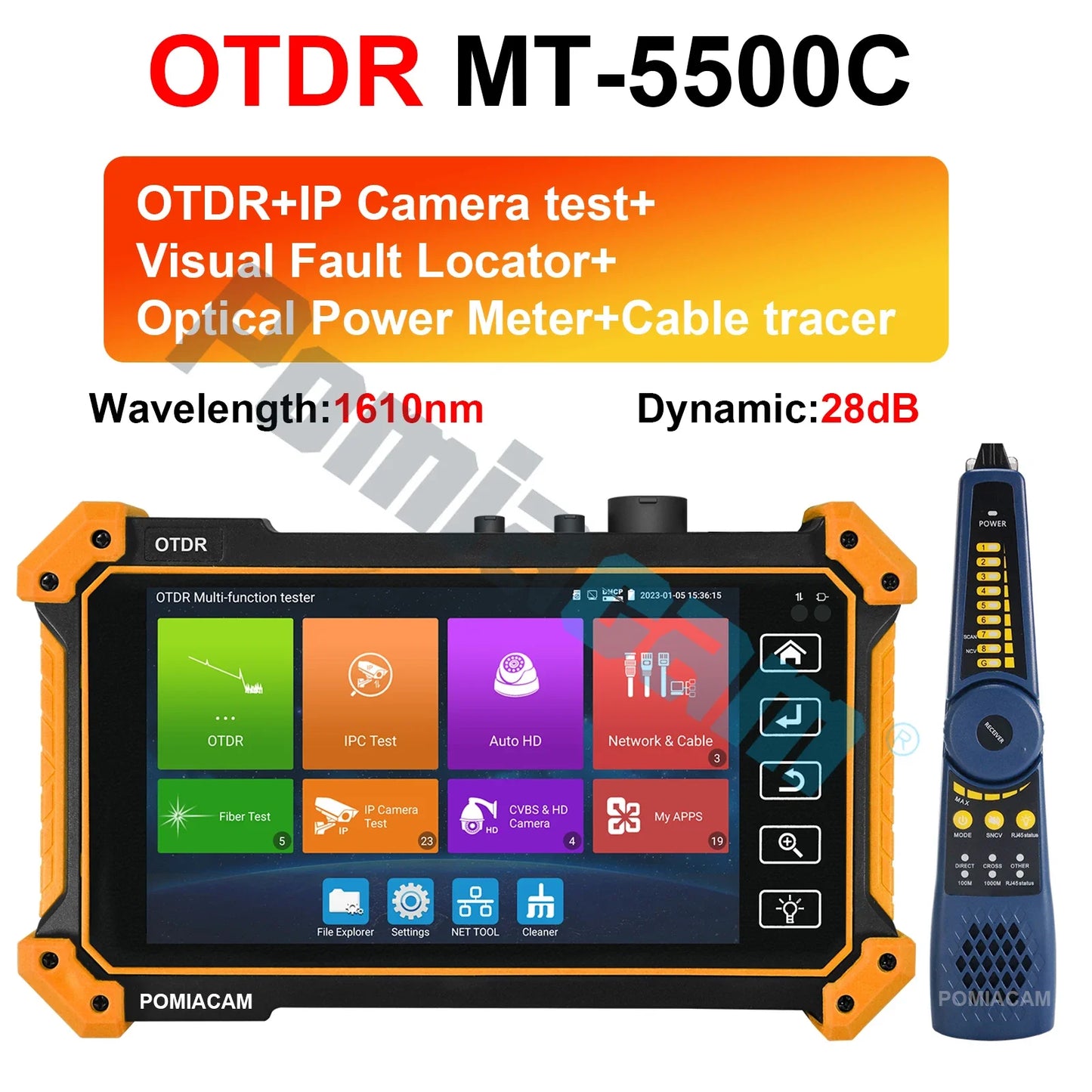 MT-5500C OTDR Test 1310/1550/1610nm optional 28/26dB optional 5.4"IPS IP Camera Built-in Visual Fault Locator & Optical Power Meter with Cable Tracer