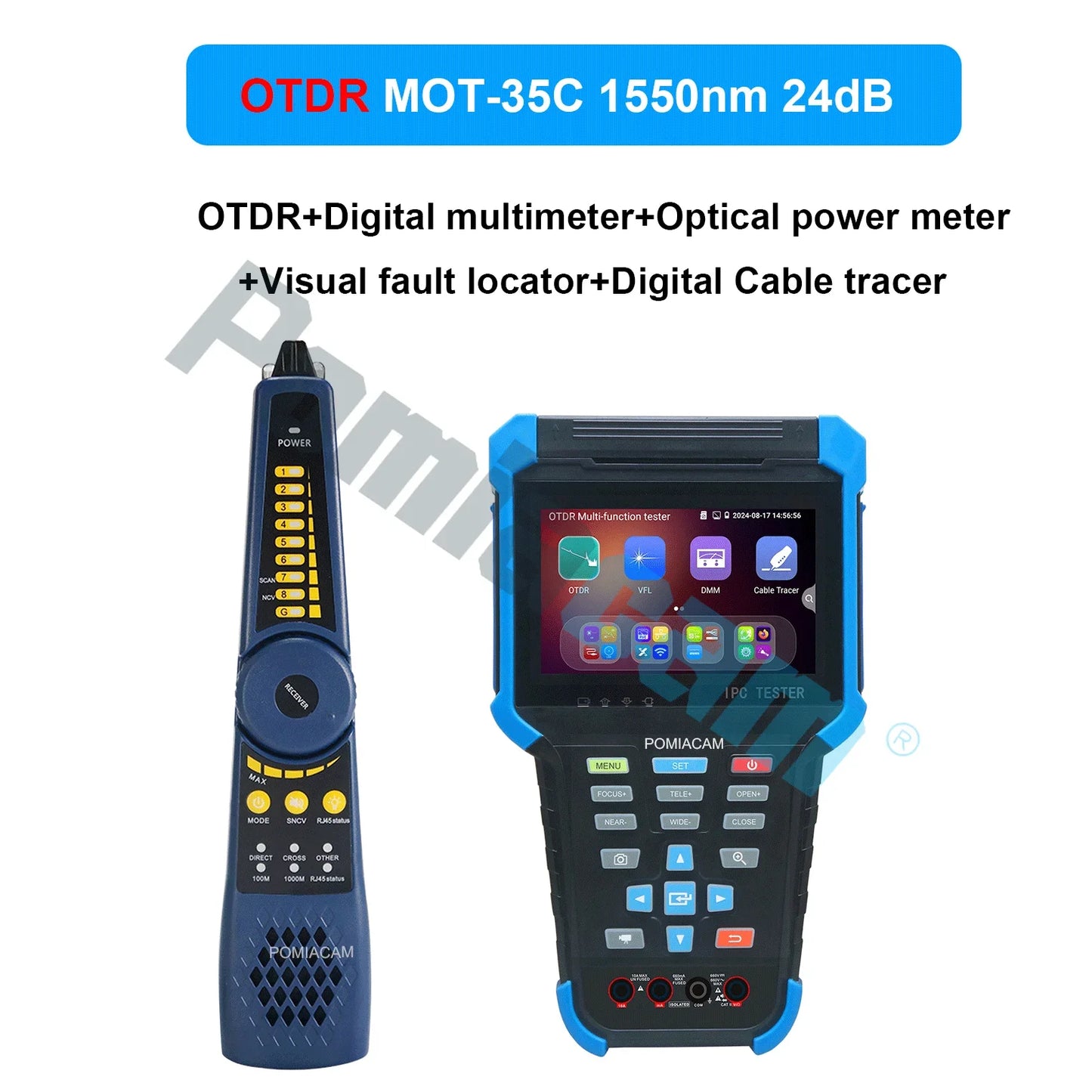 Multifunction OTDR, 4"Screen MOT-35C OTDR 1310/1550/1610nm Optional, 26/24dB Optional,DMM&OPM&VFL Cable tracer 4000mAh Battery