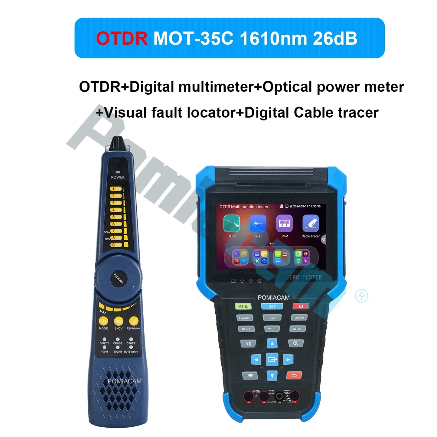 Multifunction OTDR, 4"Screen MOT-35C OTDR 1310/1550/1610nm Optional, 26/24dB Optional,DMM&OPM&VFL Cable tracer 4000mAh Battery