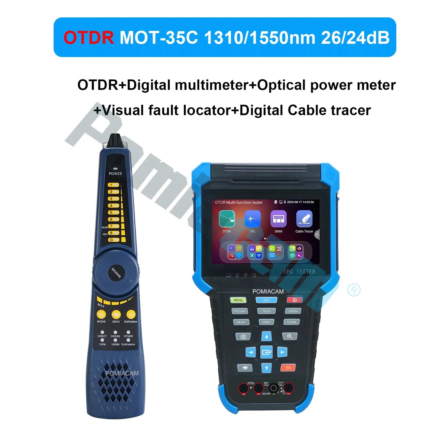 Multifunction OTDR, 4"Screen MOT-35C OTDR 1310/1550/1610nm Optional, 26/24dB Optional,DMM&OPM&VFL Cable tracer 4000mAh Battery