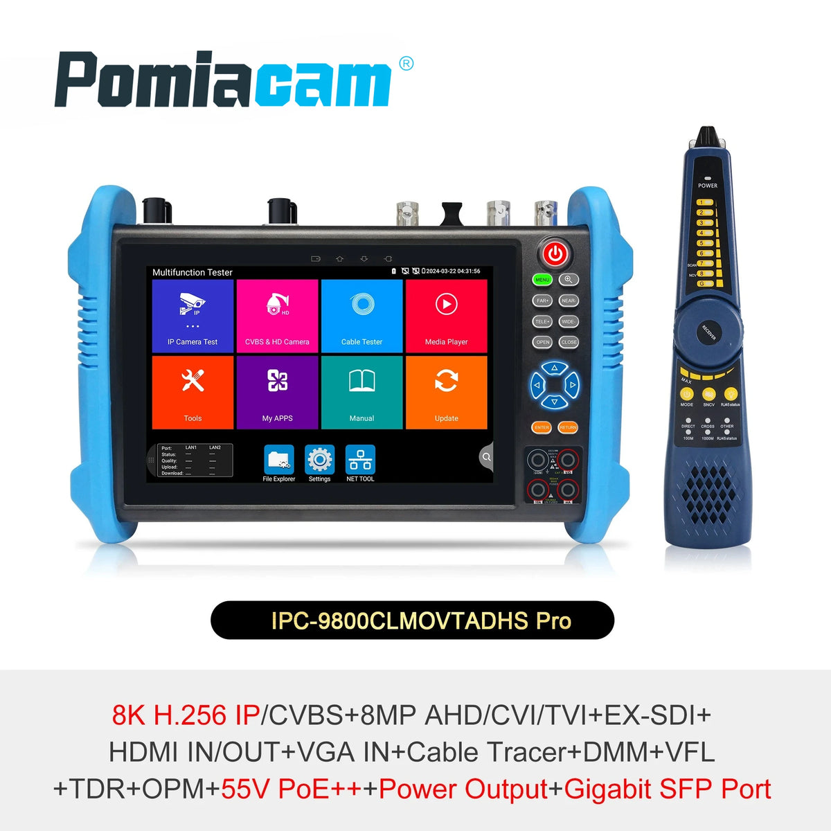 IPC-9800 Pro series 8K IP H.265 8MP AHD/TVI/CVI/SDI CCTV Tester IP Camera Tester 90W PoE++ RJ45 TDR Cable Test Gigabit SFP Port