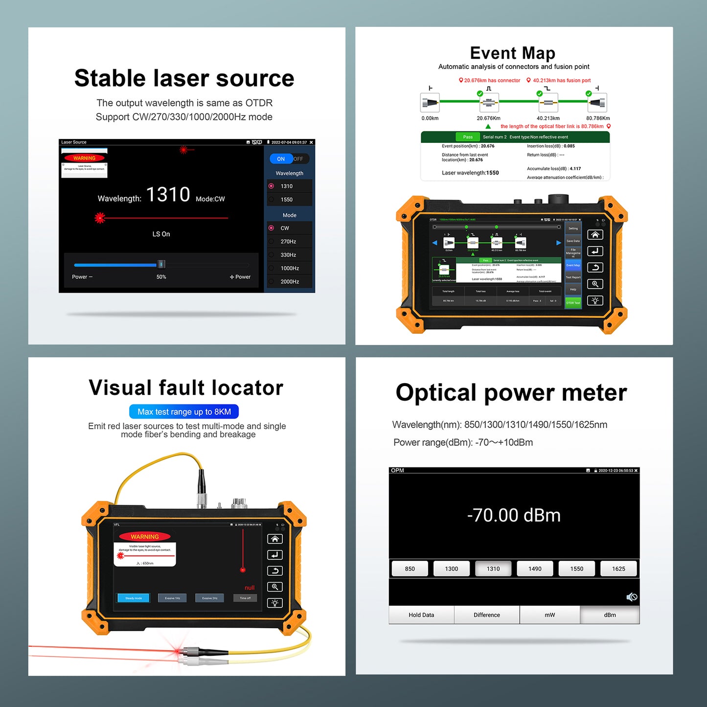 MT-5510C OTDR Test 1310/1550/1610nm optional 5.4"IPS IP/CVBS/AHD/TVI/CVI Camera CCTV tester Built-in Visual Fault Locator & Optical Power Meter with Cable Tracer