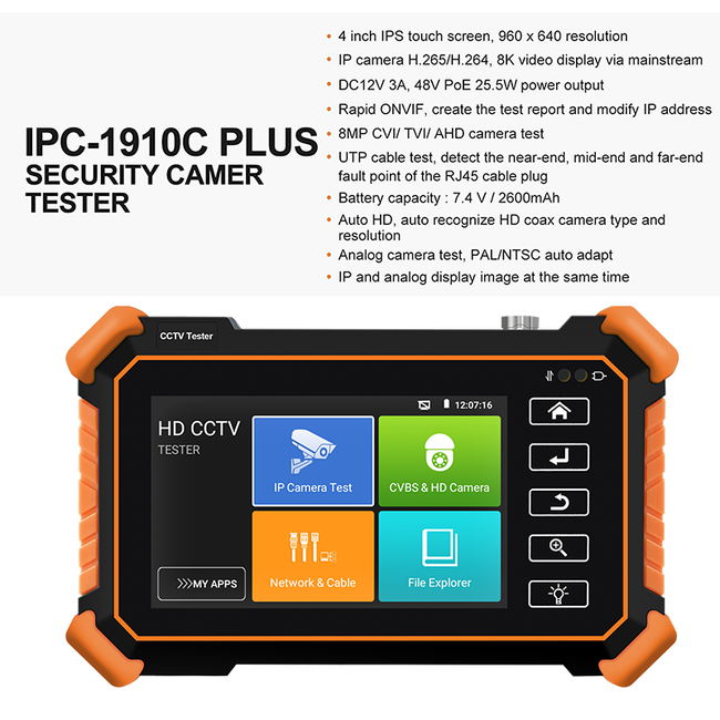 CCTV Tester,IPC-1910C Plus with Cable Tracer 8MP AHD CVI TVI CVBS IP Camera Test 8K HD Display Video Monitor 4 inch IPS Touch Screen IPC Tester Support H.265 POE PTZ WiFi RS485 Replace