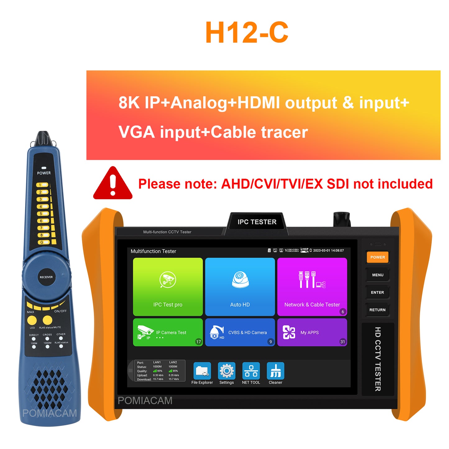 CCTV Tester Professional 8'' IPS touch screen 8K H.265 IP 8MP AHD/TVI/CVI HDMI/VGA Support POE++,SFP Module IP Camera Tester
