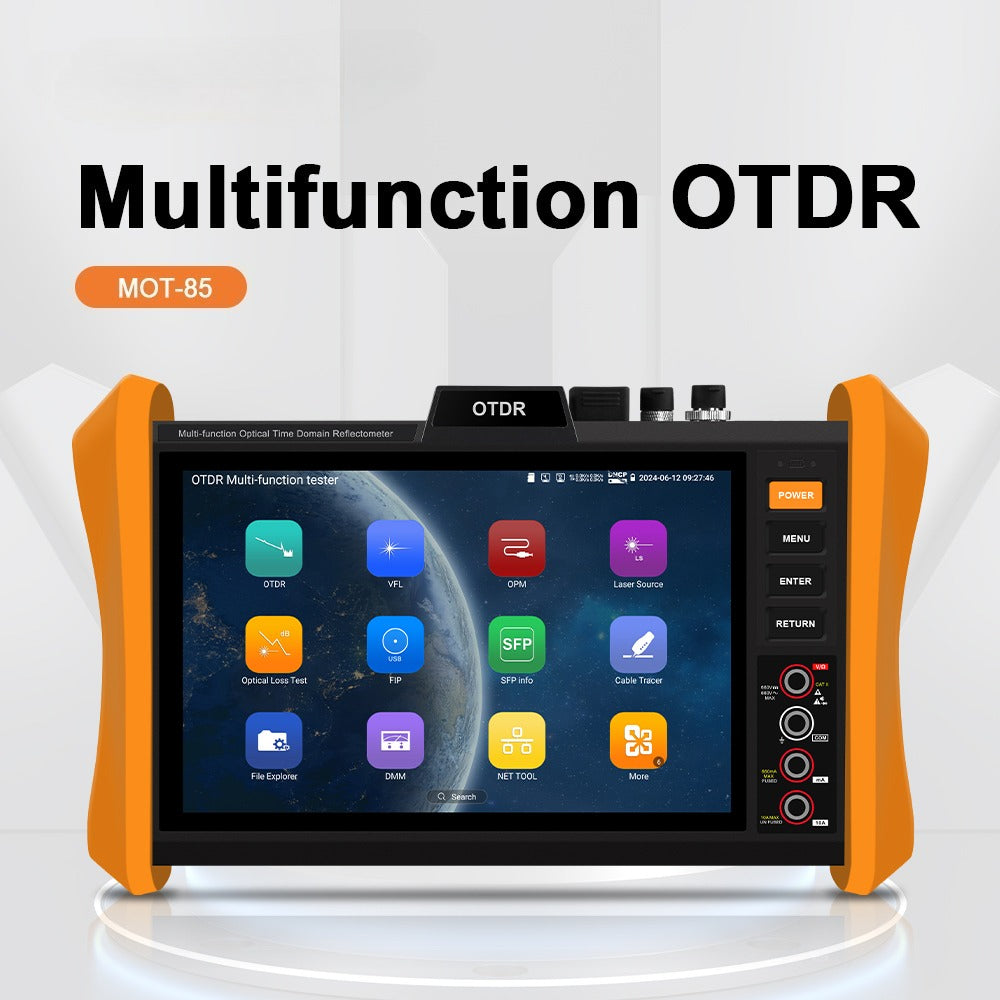 MOT-85 Optical Fiber Tester, 8 inches Touchscreen OTDR Tester Built-in VFL OPM LS Event Map OLT (Optical Loss test) Functions SFP Test RJ45 Cable Tester