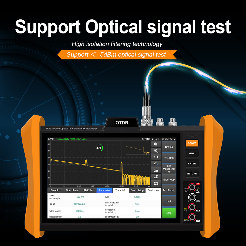 MOT-85 Optical Fiber Tester, 8 inches Touchscreen OTDR Tester Built-in VFL OPM LS Event Map OLT (Optical Loss test) Functions SFP Test RJ45 Cable Tester
