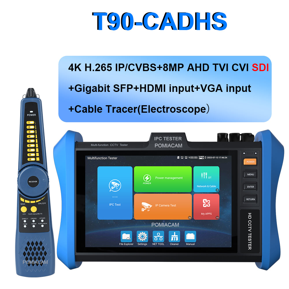 IP Camera Tester T90 Series 4K CCTV Tester Monitor 8-Inch 4K H.265 CCTV 8MP AHD CVI TVI IPC Tester POE++ SFP Optical Module