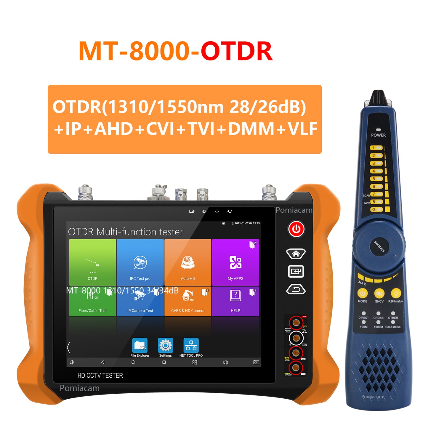 OTDR-CCTV-Tester MT-8000 OTDR-Glasfasertester Eingebauter DMM OPM OLS VFL-Ereigniskarte TVI CVI AHD IP CVBS Kameratest PoE/HDMI-Eingang/RJ45-Kabel TDR-Test 8-Zoll-Touchscreen