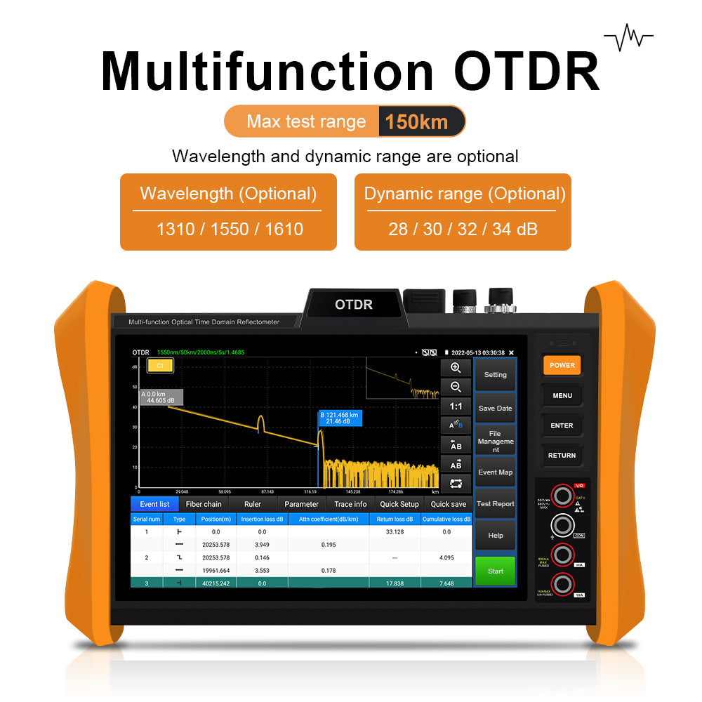 MOT-85 Optical Fiber Tester, 8 inches Touchscreen OTDR Tester Built-in VFL OPM LS Event Map OLT (Optical Loss test) Functions SFP Test RJ45 Cable Tester