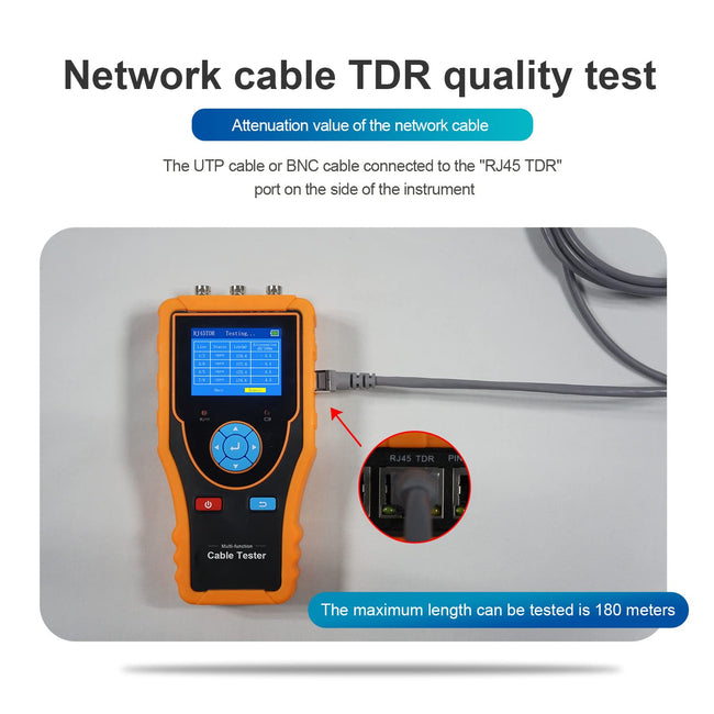 Network Cable Tester, RJ45 Cable TDR Tester Wire Tracker PoE Voltage Test Video Level Meter Test TDR Cable Tester for Cat6e Cat5e BNC Cable Telephone Line Open Short Length