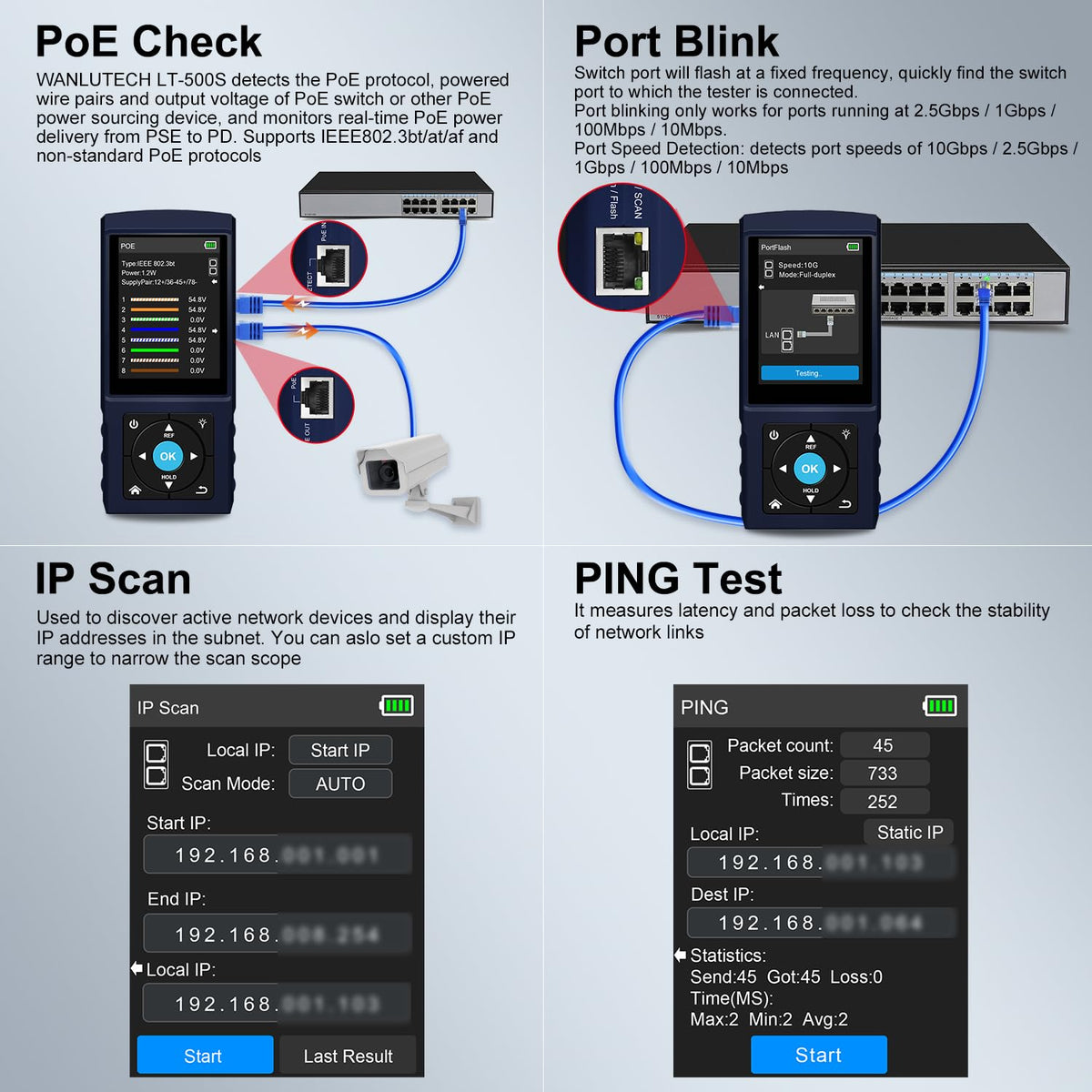 LT-500S Network Cable Tester, Ethernet RJ45 Wire Tracer with TDR Cable Length Test, PoE Detection, Port Flashing, IP Scan, PING Test, Optical Power Meter & Visual Fault Locator