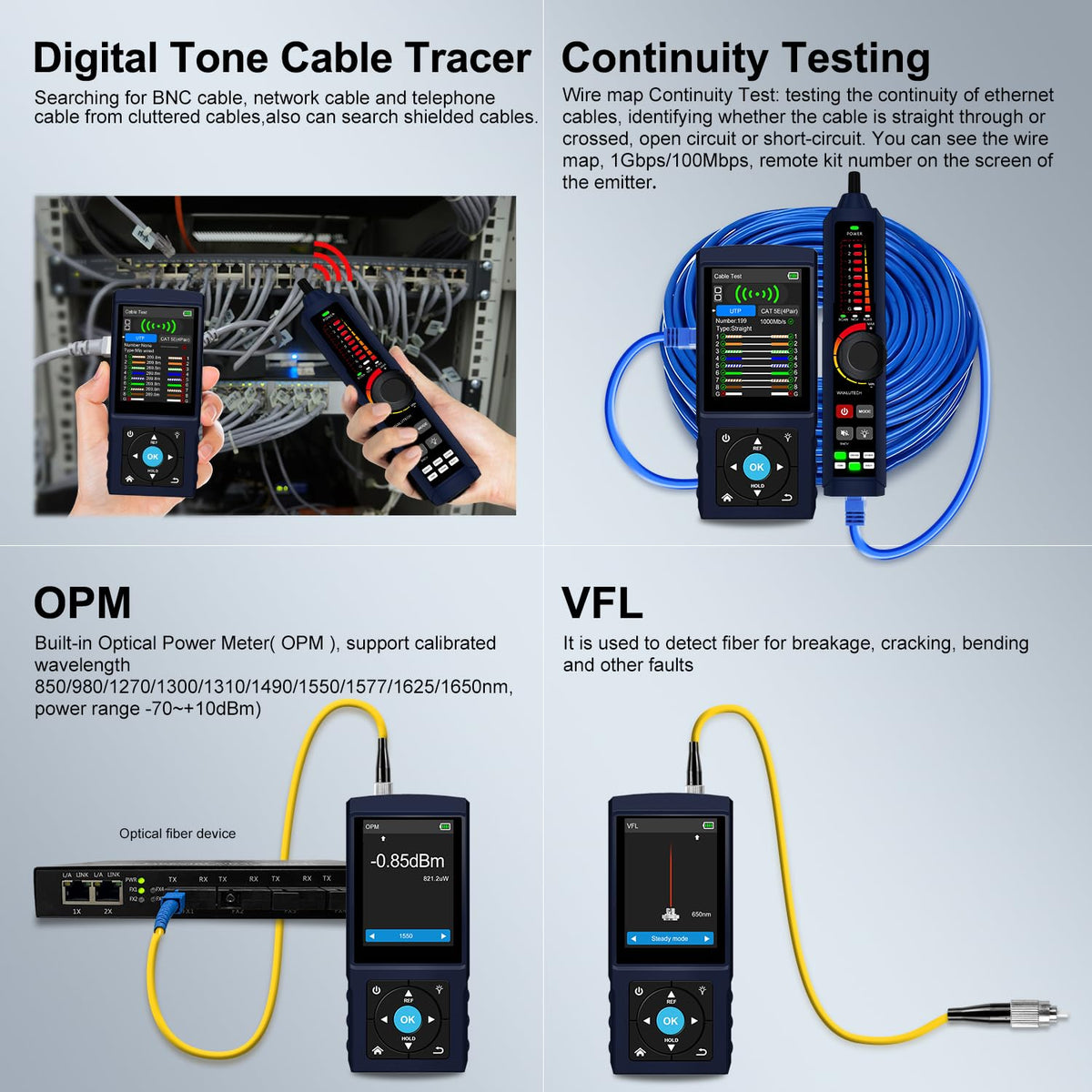 LT-500S Network Cable Tester, Ethernet RJ45 Wire Tracer with TDR Cable Length Test, PoE Detection, Port Flashing, IP Scan, PING Test, Optical Power Meter & Visual Fault Locator