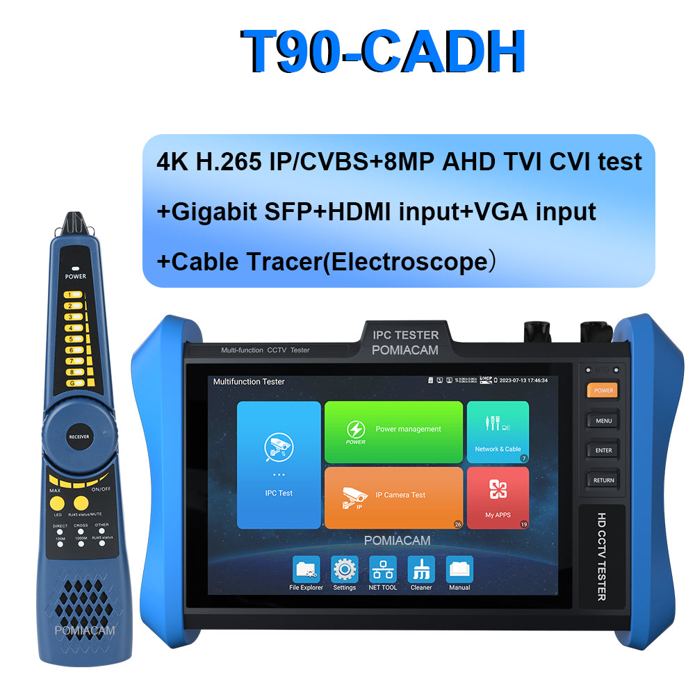 IP Camera Tester T90 Series 4K CCTV Tester Monitor 8-Inch 4K H.265 CCTV 8MP AHD CVI TVI IPC Tester POE++ SFP Optical Module