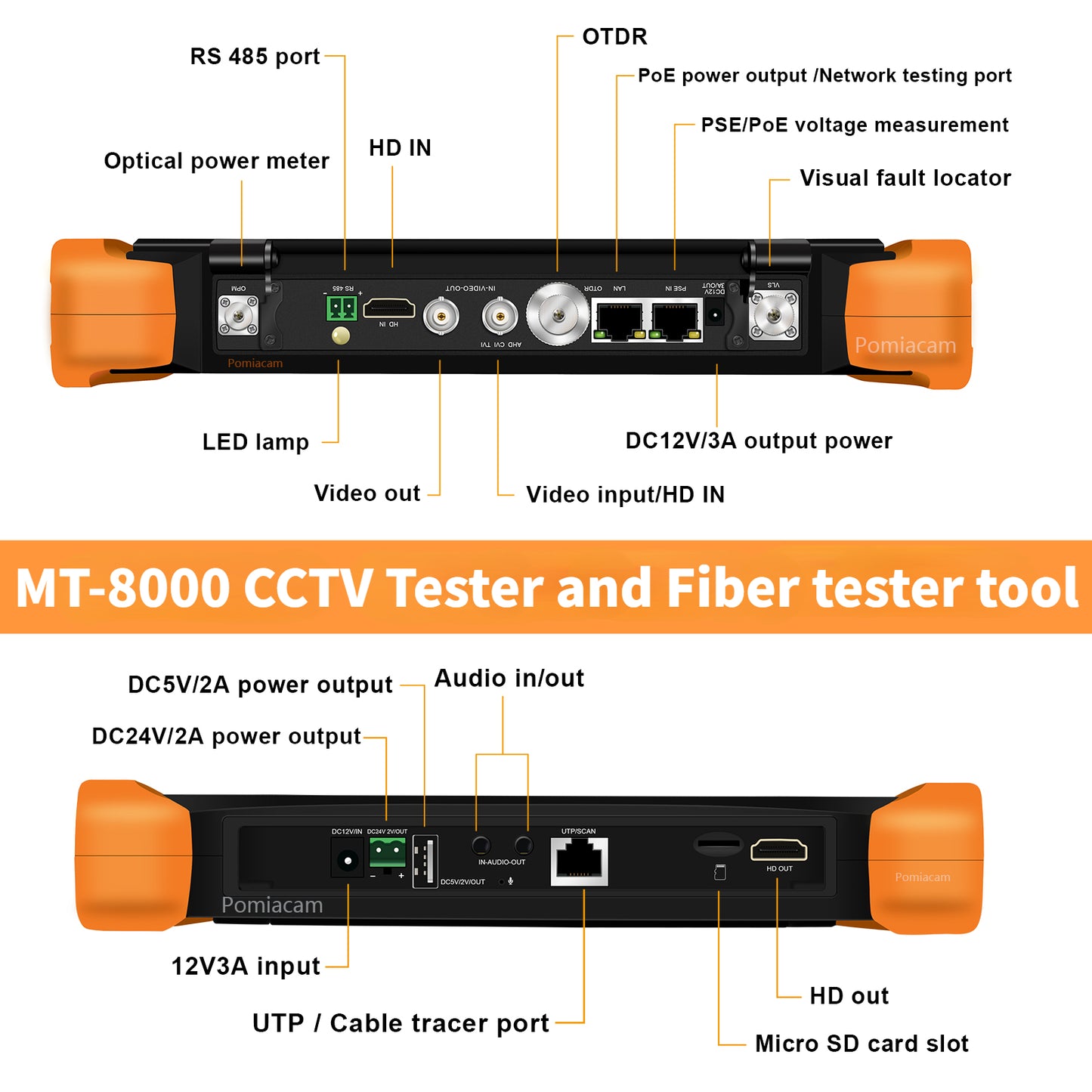 OTDR CCTV Tester MT-8000 OTDR Probador de fibra óptica DMM incorporado OPM OLS VFL Tarjeta de evento TVI CVI AHD IP CVBS Prueba de cámara PoE/Entrada HDMI/Cable RJ45 Prueba TDR Pantalla táctil de 8"