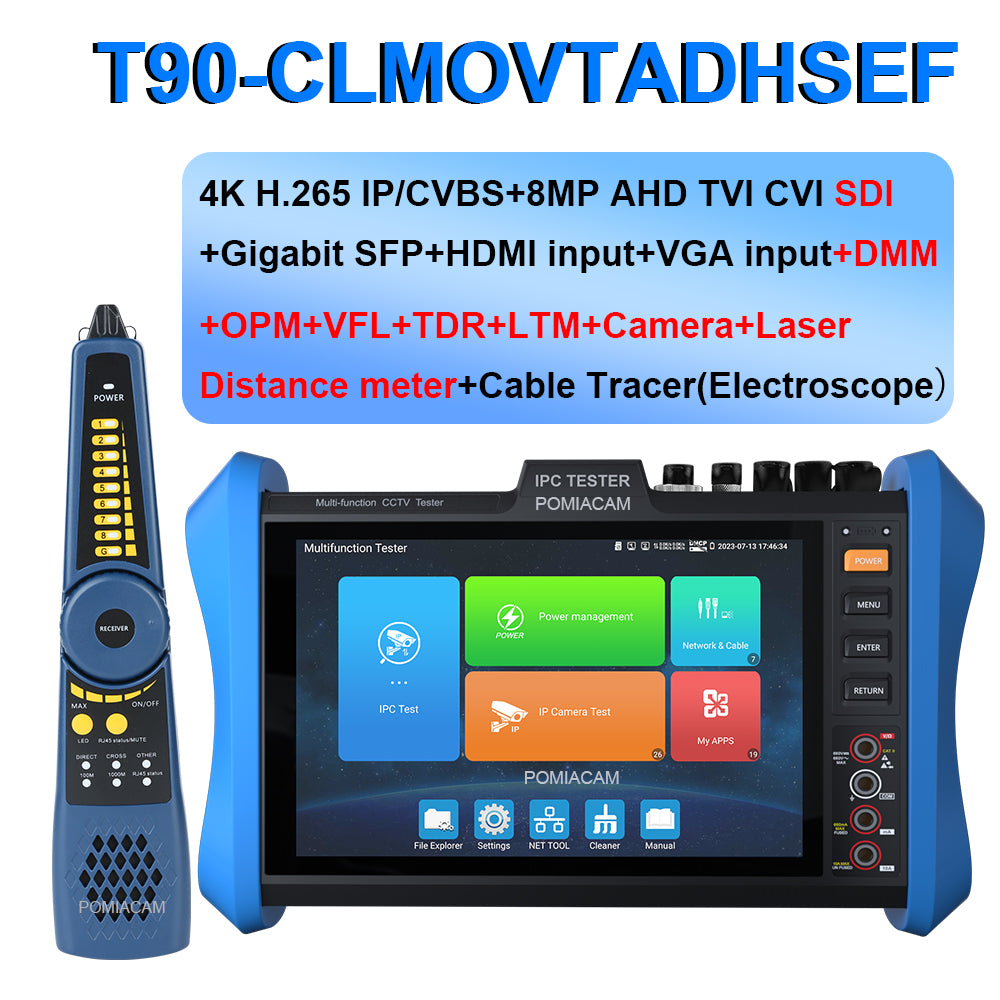 IP Camera Tester T90 Series 4K CCTV Tester Monitor 8-Inch 4K H.265 CCTV 8MP AHD CVI TVI IPC Tester POE++ SFP Optical Module