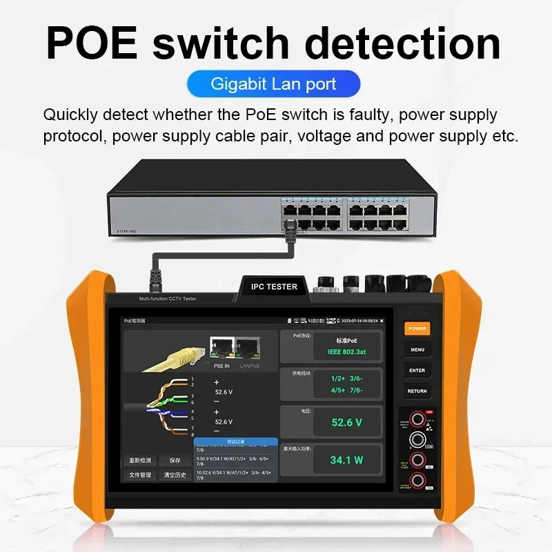 H12 All-in-one CCTV Camera Tester Professional 8 Inch 8K H.265 IP 8MP AHD/TVI/CVI Support POE++, SFP Module IP Camera Tester