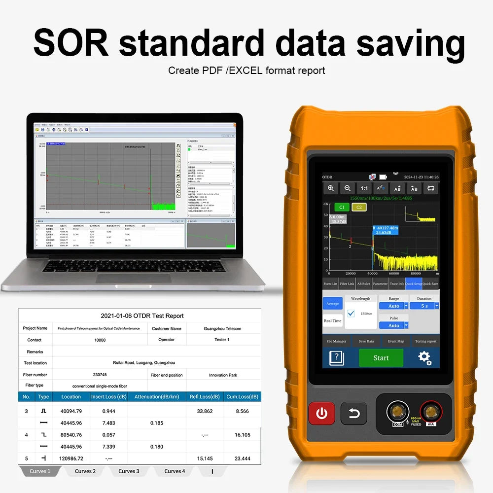 MOT-33C Portable OTDR Tester Fibre Optic and Network Cable Testing Tool Fiber Optic Reflectometer With 4 inch Touch Screen