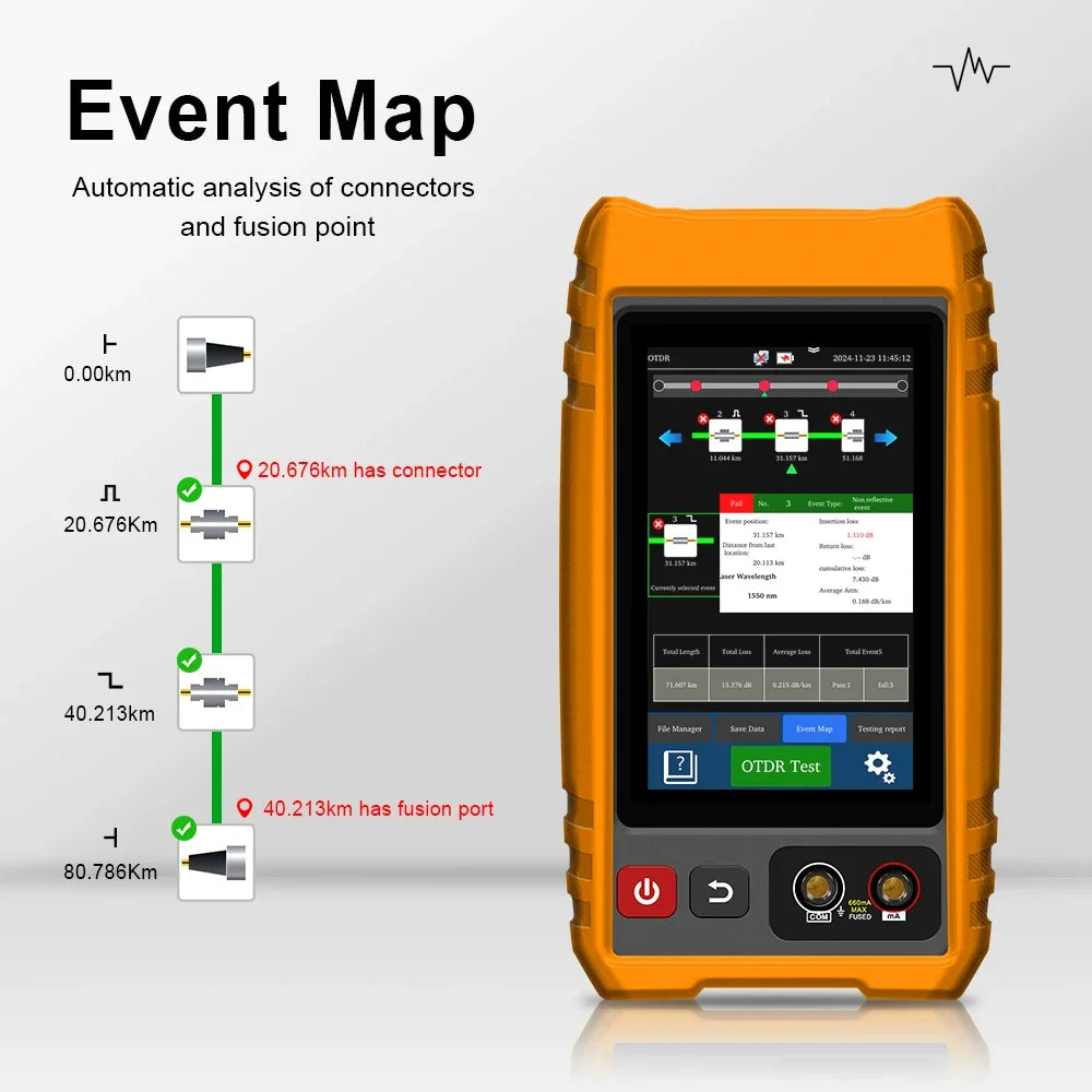 MOT-33C Portable OTDR Tester Fibre Optic and Network Cable Testing Tool Fiber Optic Reflectometer With 4 inch Touch Screen