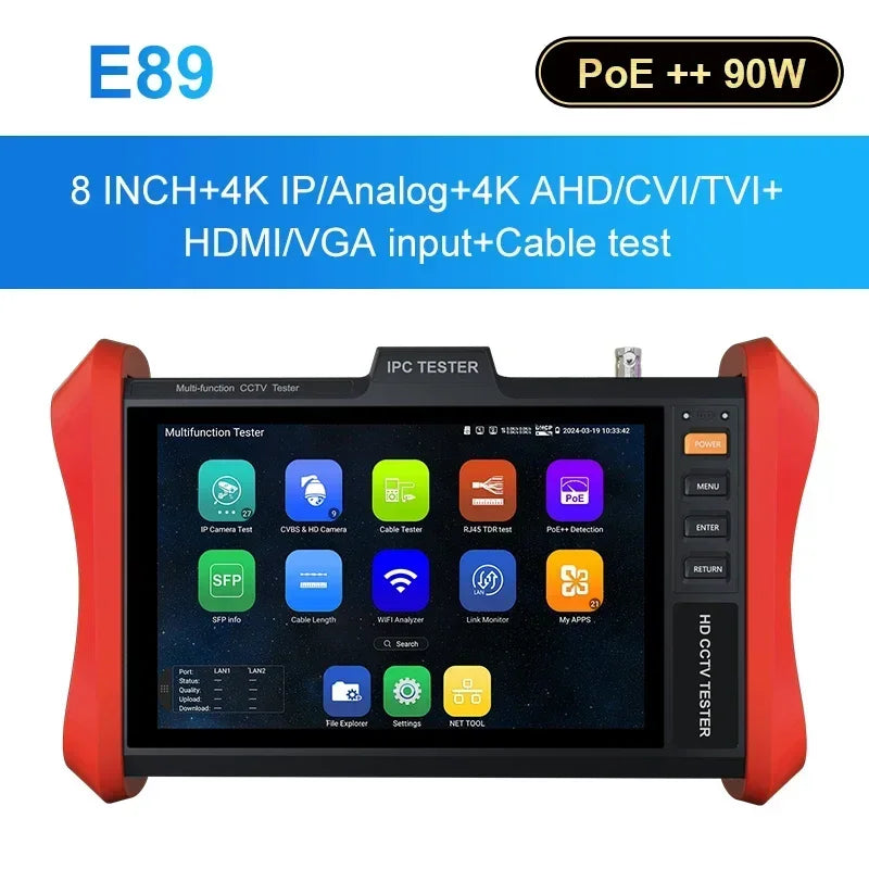 8 Inch IP Camera CCTV Tester  E88/E89  POE++ 90W SFP 4K IP H.265 RJ45 Netork Cable Tester 5200mAh Battery DC24V 2A Power Output