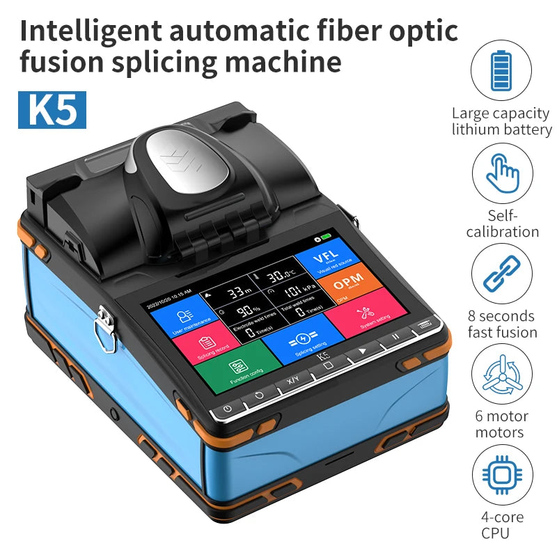 K5  Fiber Optic Fusion Splicer 6 Motors Core Alignment Splicing Machine 7800mAh Battery Fast Splicing 6s 5inch Screen 3 Fiber