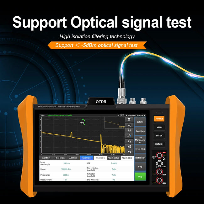 8-Inch OTDR Fiber Optic Tester MOT-85 34dB Event Map OPM VFL UTP RJ45 Cable Test WiFi Gigabit SFP Port Fault Location TDR