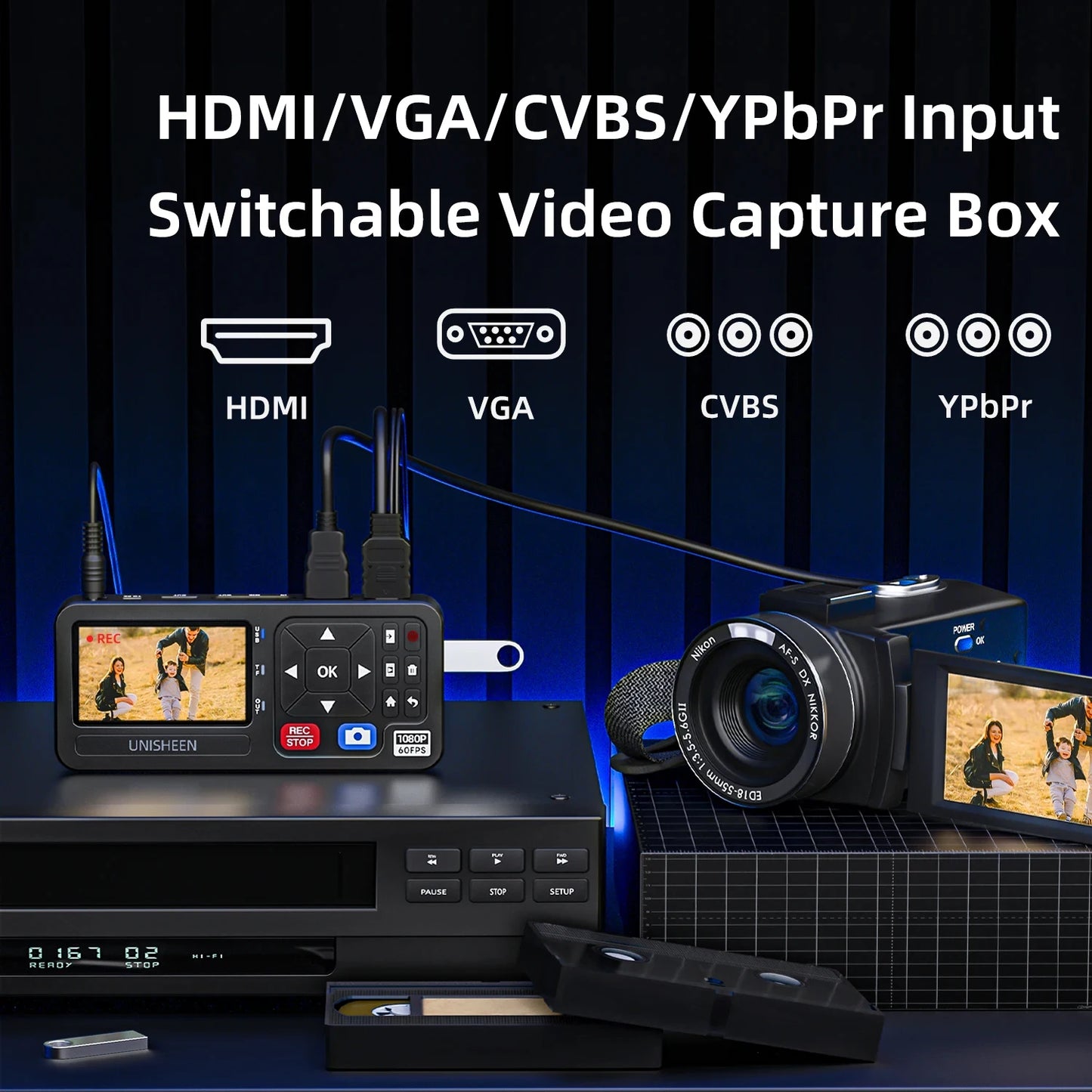 UR500A-M HD Video Capture Box 1080P Video to Digital Converter with 3" Screen, 4K HDMI/CVBS/VGA/YPBPR Inputs Video Recorder