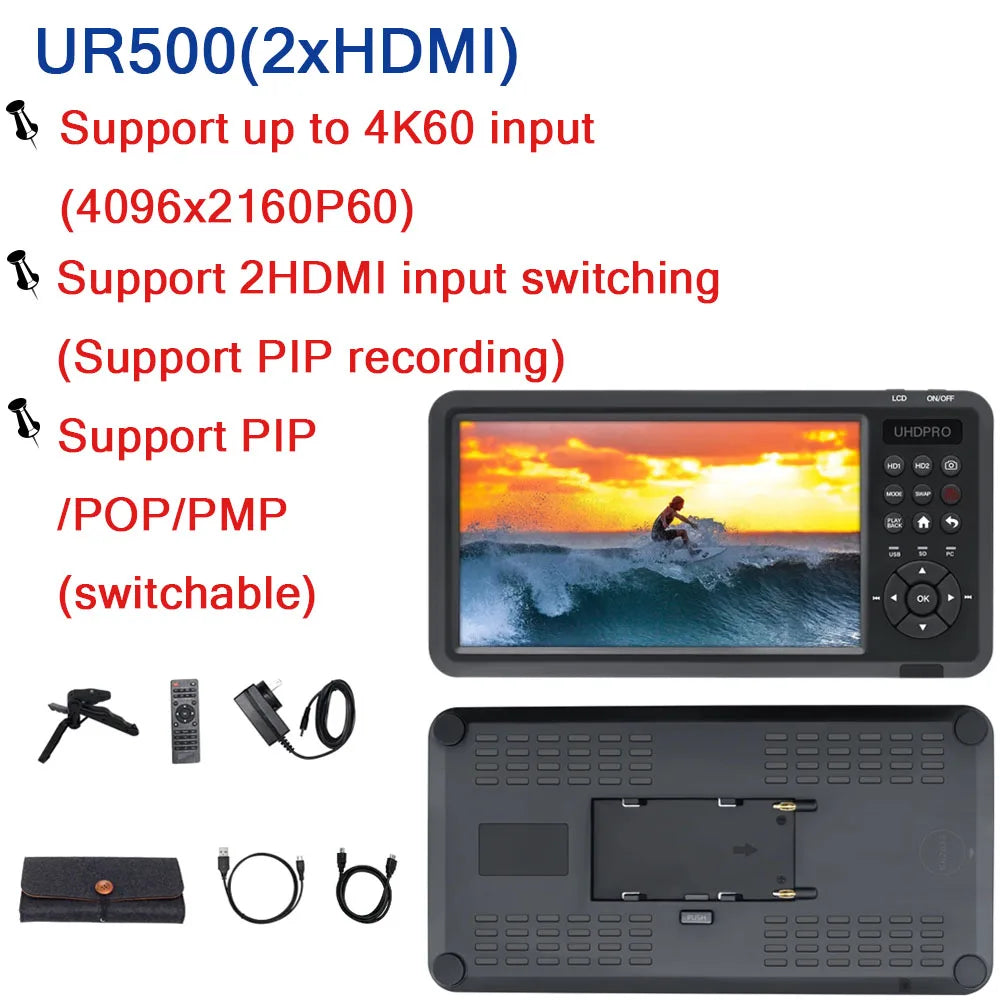 7inch Screen Video Capture Box 2 Channel HDMI Recorder Battery Socket Tape CVBS AV RCA SVideo DVI VGA YPbPr 1080p HD 4k UR500 UR500A