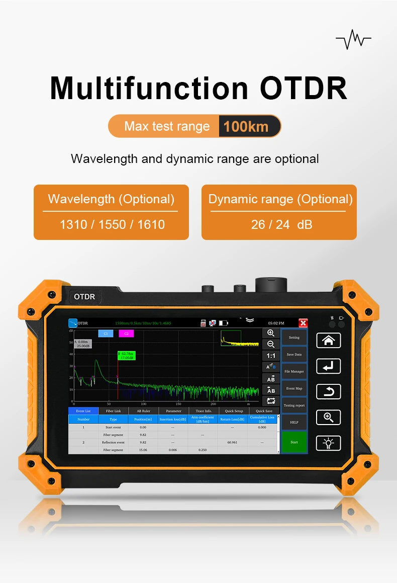 MOT-50 Wrist 5.55 Inch Touch Screen 1310/1550nm 26/24dB OTDR/OPM/VFL/LS/Event Map/Cable Length Network Cable Tester
