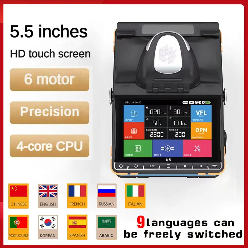 K5  Fiber Optic Fusion Splicer 6 Motors Core Alignment Splicing Machine 7800mAh Battery Fast Splicing 6s 5inch Screen 3 Fiber