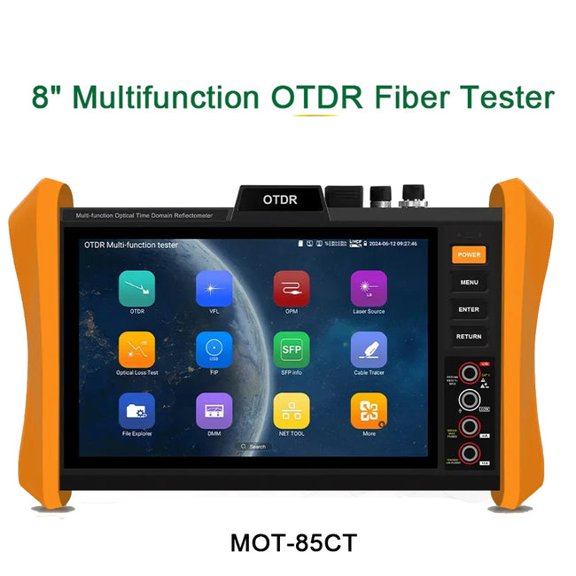 8-Inch OTDR Fiber Optic Tester MOT-85 34dB Event Map OPM VFL UTP RJ45 Cable Test WiFi Gigabit SFP Port Fault Location TDR