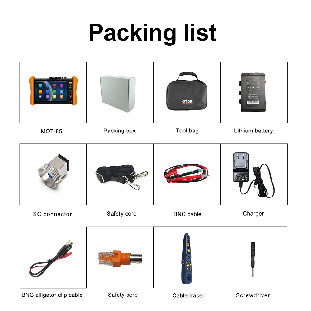 MOT-85 Optical Fiber Tester, 8 inches Touchscreen OTDR Tester Built-in VFL OPM LS Event Map OLT (Optical Loss test) Functions SFP Test RJ45 Cable Tester