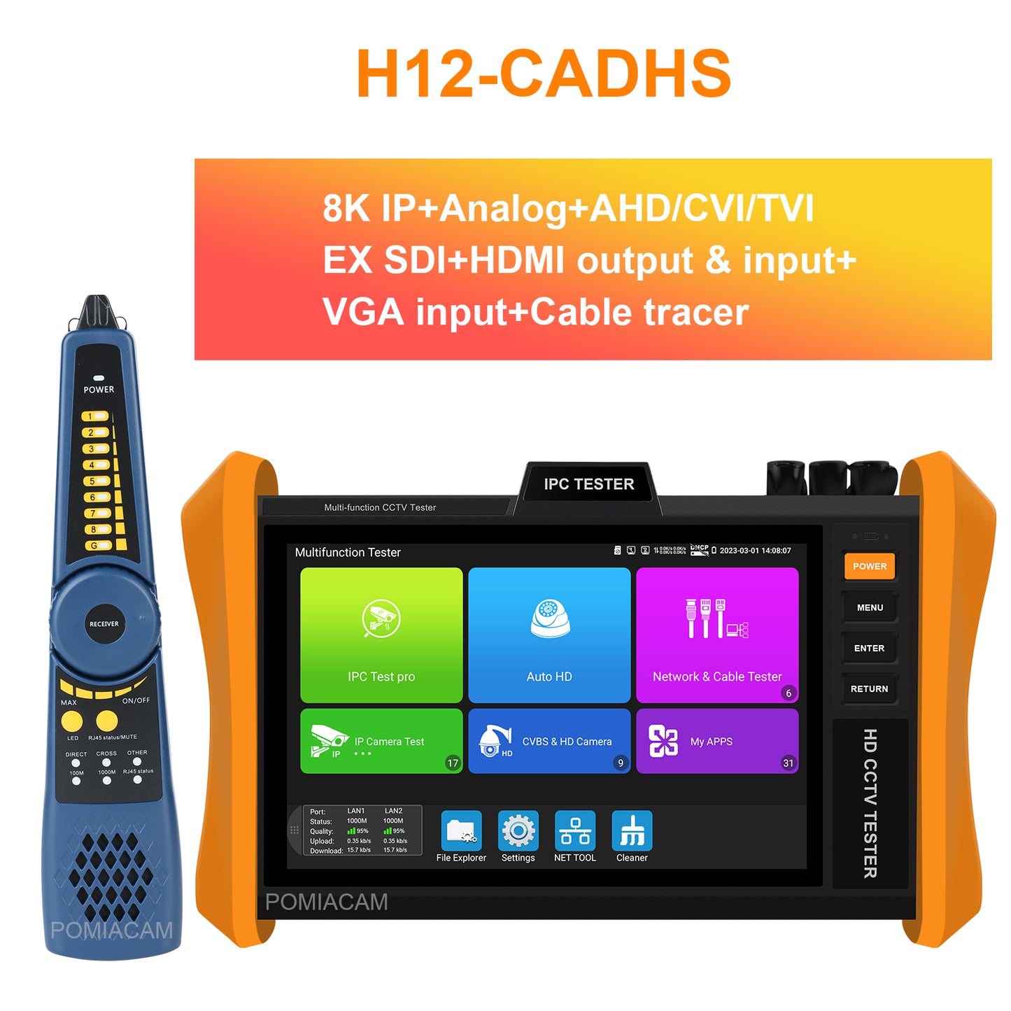 H12 All-in-one CCTV Camera Tester Professional 8 Inch 8K H.265 IP 8MP AHD/TVI/CVI Support POE++, SFP Module IP Camera Tester