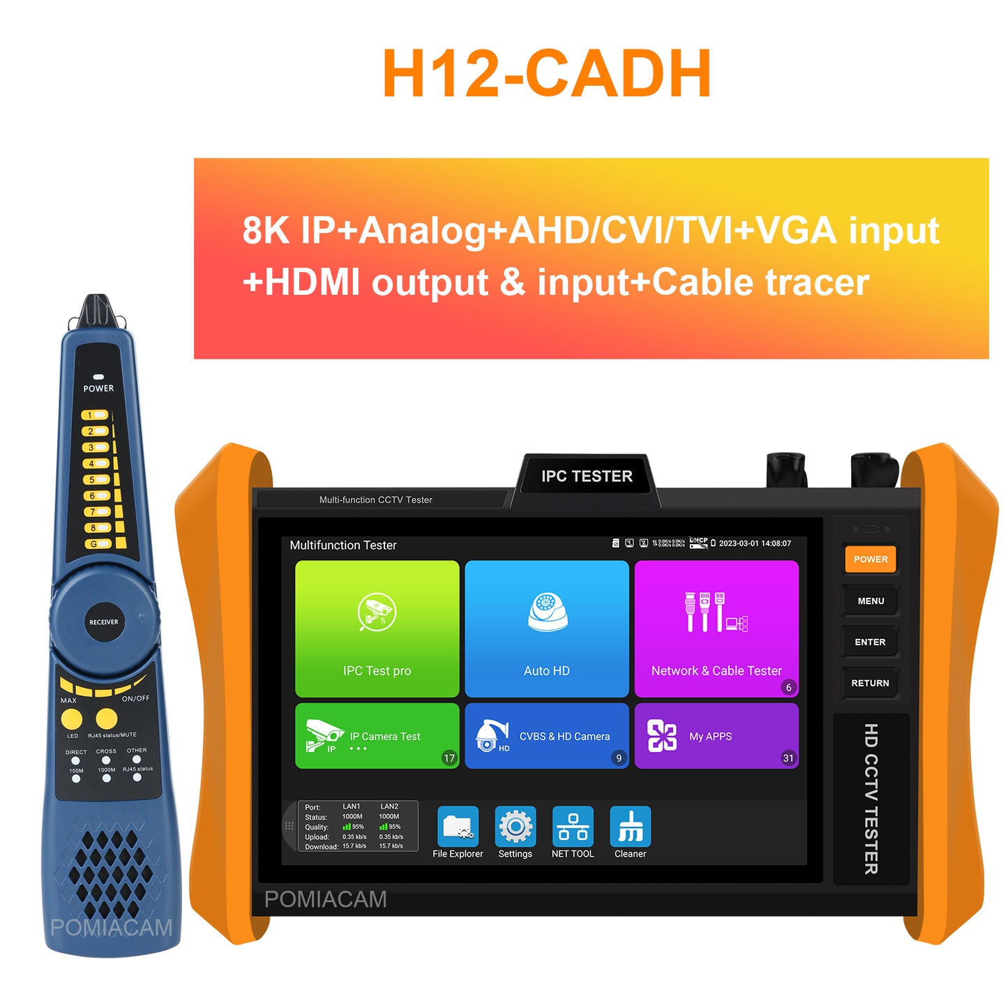 H12 All-in-one CCTV Camera Tester Professional 8 Inch 8K H.265 IP 8MP AHD/TVI/CVI Support POE++, SFP Module IP Camera Tester