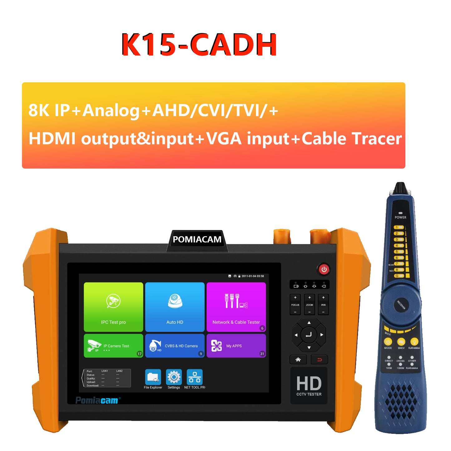 Probador de CCTV K15 8K H.265 prueba de cámara IP multifunción 8MP CVI TVI AHD SDI UTP prueba de Cable y prueba de Cable RJ45 TDR