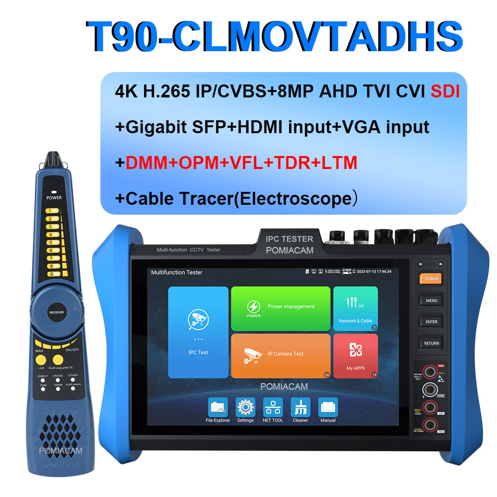 IP Camera Tester T90 Series 4K CCTV Tester Monitor 8-Inch 4K H.265 CCTV 8MP AHD CVI TVI IPC Tester POE++ SFP Optical Module