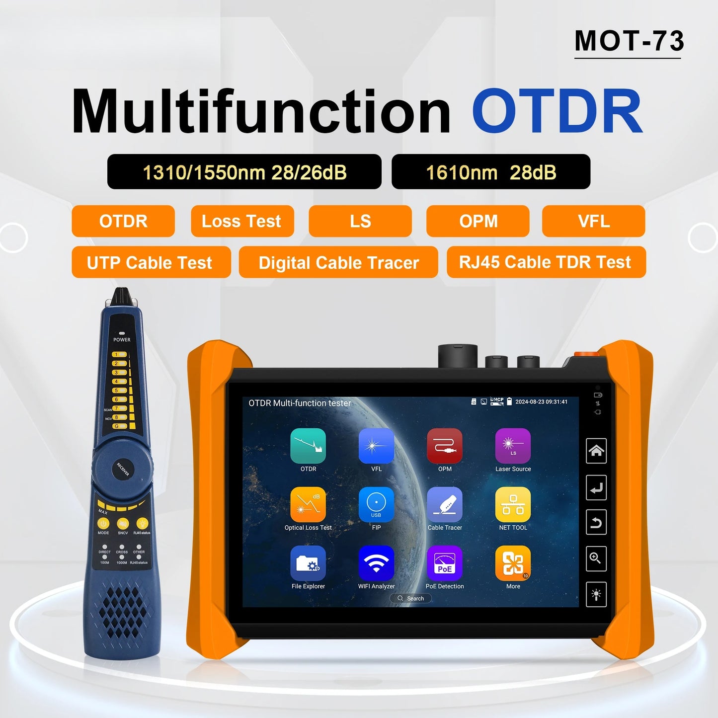Multi-Function OTDR Fiber Tester Optic Reflectometer 7 inch MOT-73 1310/1550nm 1610nm with OPM VFL LS UTP LAN Event Map