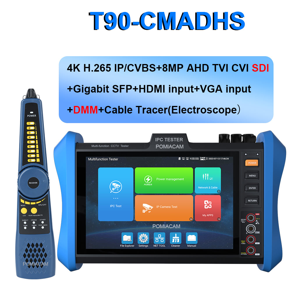 IP Camera Tester T90 Series 4K CCTV Tester Monitor 8-Inch 4K H.265 CCTV 8MP AHD CVI TVI IPC Tester POE++ SFP Optical Module