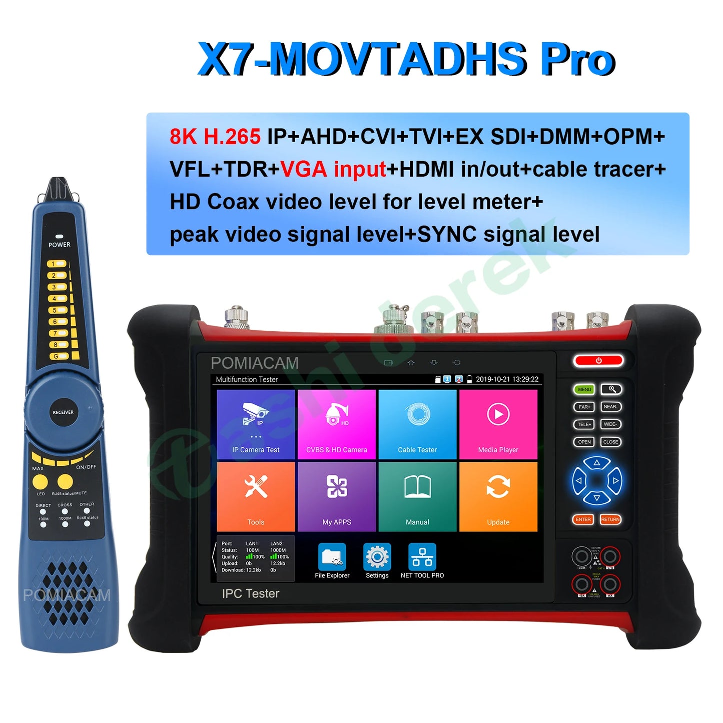 X7-MOVTADHS Pro 7 pulgadas CCTV Tester 8K H265 IP/8MP TVI CVI AHD/probador de cámara analógica Monitor todo en uno con entrada/salida HDMI, entrada VGA 