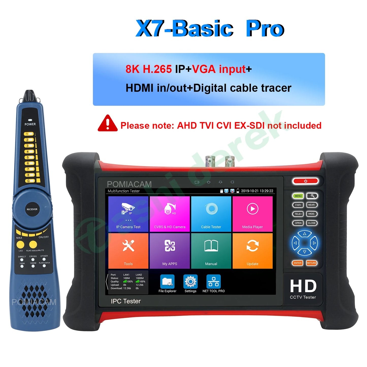 X7-MOVTADHS Pro 7 inch CCTV Tester 8K H265 IP/8MP TVI CVI AHD/Analog camera tester All In One Monitor with HDMI in/out, VGA input